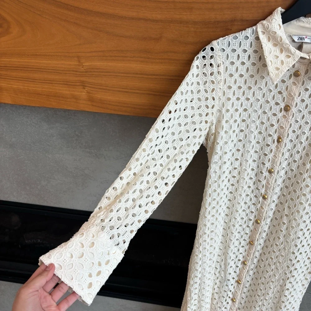 ZARA CREAM EMBROIDERED CUTWORK MIDI DRESS, SIZE M